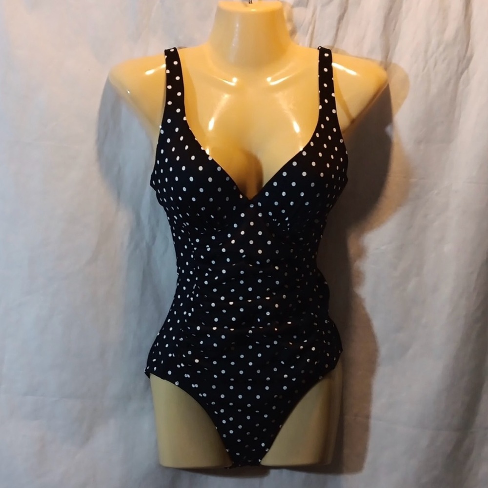 Spanx Womens 6 Polka Dot Swimsuit Black Ruched Deep Plunge